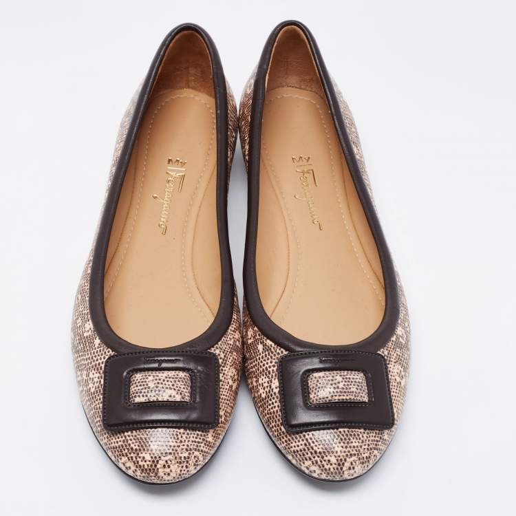 Pre Owned Salvatore Ferragamo Brown/Pink Printed Textured Leather Ballet Flats Size 41