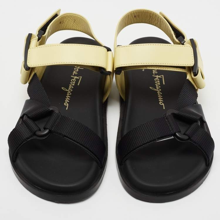 Pre Owned Salvatore Ferragamo Black/Yellow Leather and Fabric Sandals Size 37.5