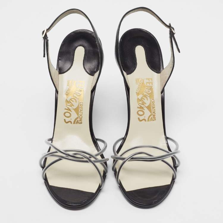 Pre Owned Salvatore Ferragamo Black/White PVC and Leather Arsina Sandals Size 39.5