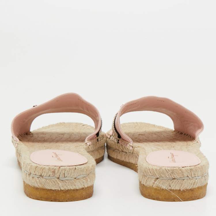 Pre Owned Salvatore Ferragamo Light Pink Leather Kaden Flat Espadrille Slides Size 37.5