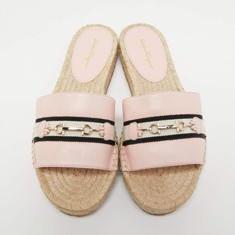 Pre Owned Salvatore Ferragamo Light Pink Leather Kaden Flat Espadrille Slides Size 37.5