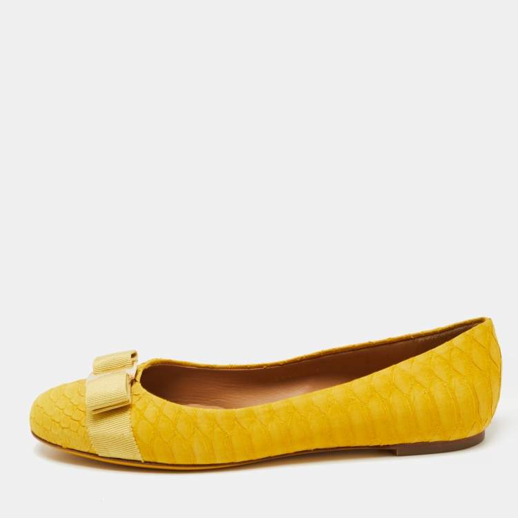 Pre Owned Salvatore Ferragamo Yellow Python Suede Varina Ballet Flats Size 38.5