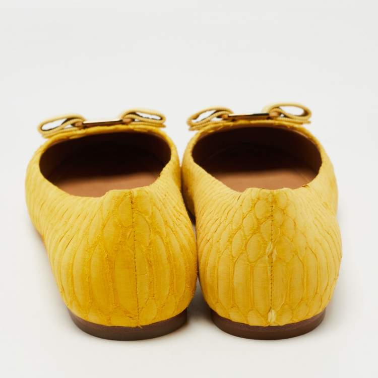Pre Owned Salvatore Ferragamo Yellow Python Suede Varina Ballet Flats Size 38.5