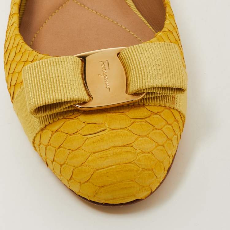 Pre Owned Salvatore Ferragamo Yellow Python Suede Varina Ballet Flats Size 38.5