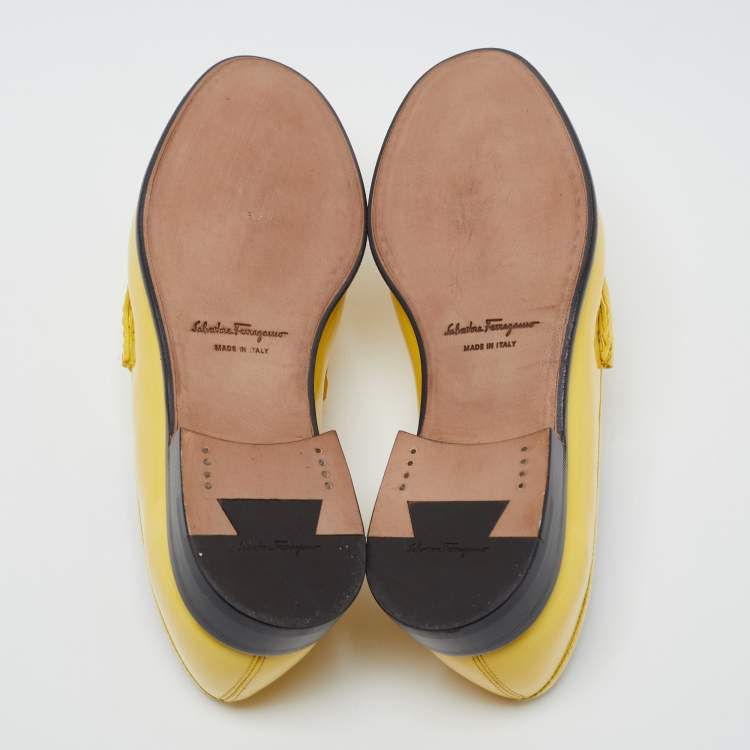 Pre Owned Salvatore Ferragamo Yellow Patent Leather Mason Loafers Size 38.5