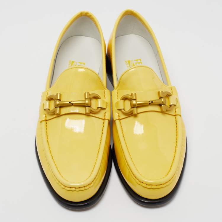 Pre Owned Salvatore Ferragamo Yellow Patent Leather Mason Loafers Size 38.5