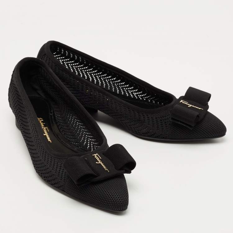 Pre Owned Salvatore Ferragamo Black Knit Fabric Viva Bow Ballet Flats Size 38.5