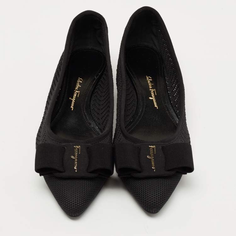 Pre Owned Salvatore Ferragamo Black Knit Fabric Viva Bow Ballet Flats Size 38.5