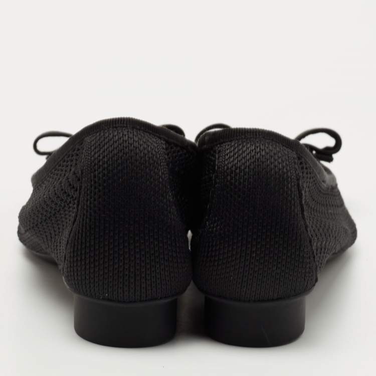 Pre Owned Salvatore Ferragamo Black Knit Fabric Viva Bow Ballet Flats Size 38.5