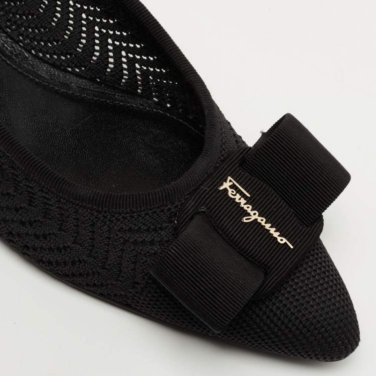 Pre Owned Salvatore Ferragamo Black Knit Fabric Viva Bow Ballet Flats Size 38.5
