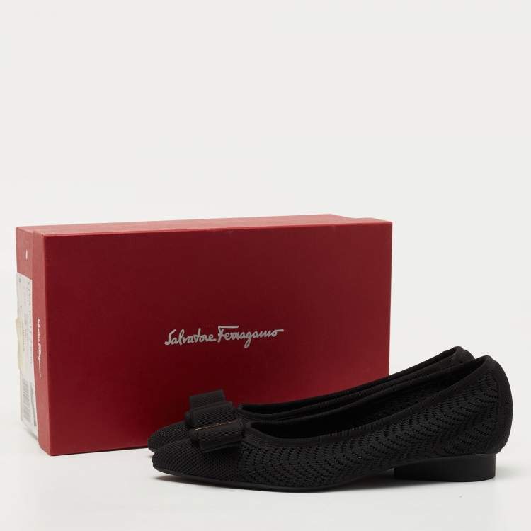 Pre Owned Salvatore Ferragamo Black Knit Fabric Viva Bow Ballet Flats Size 38.5