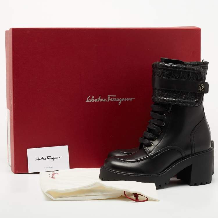 Pre Owned Salvatore Ferragamo Black Leather Shiraz Combat Boots Size 37