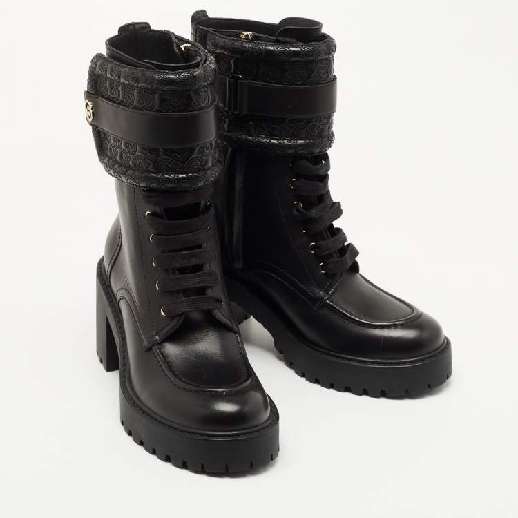 Pre Owned Salvatore Ferragamo Black Leather Shiraz Combat Boots Size 37