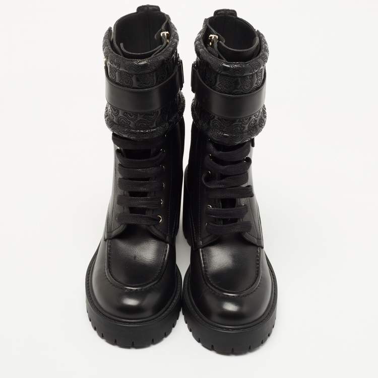 Pre Owned Salvatore Ferragamo Black Leather Shiraz Combat Boots Size 37