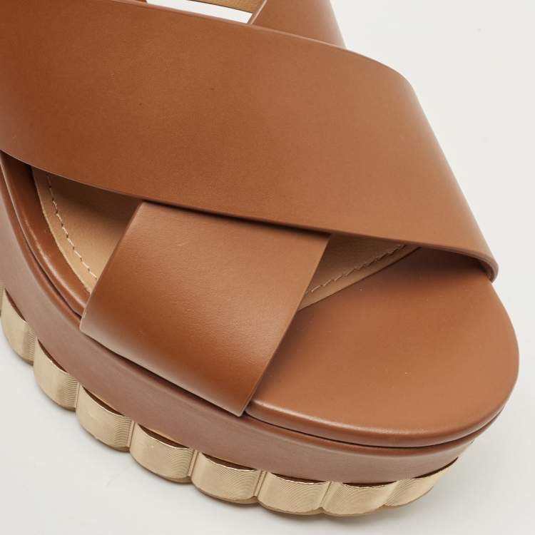 Pre Owned Salvatore Ferragamo Brown Leather Nicosia Wedge Sandals Size 36.5