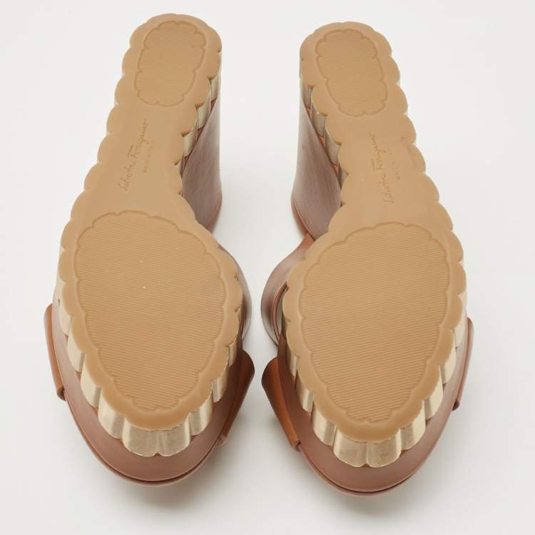Pre Owned Salvatore Ferragamo Brown Leather Nicosia Wedge Sandals Size 36.5