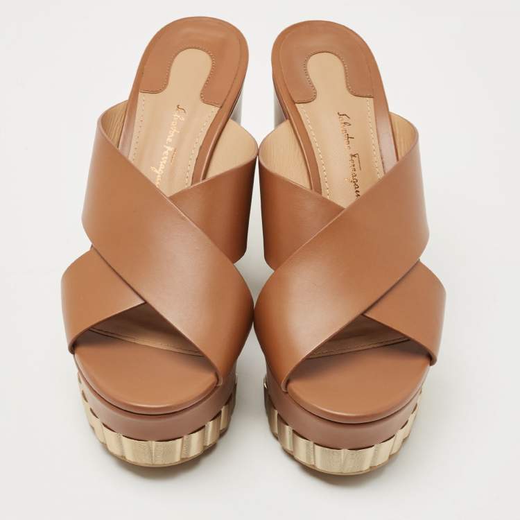 Pre Owned Salvatore Ferragamo Brown Leather Nicosia Wedge Sandals Size 36.5