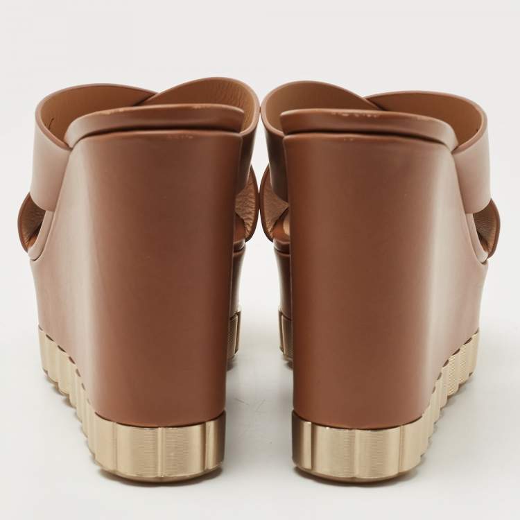 Pre Owned Salvatore Ferragamo Brown Leather Nicosia Wedge Sandals Size 36.5