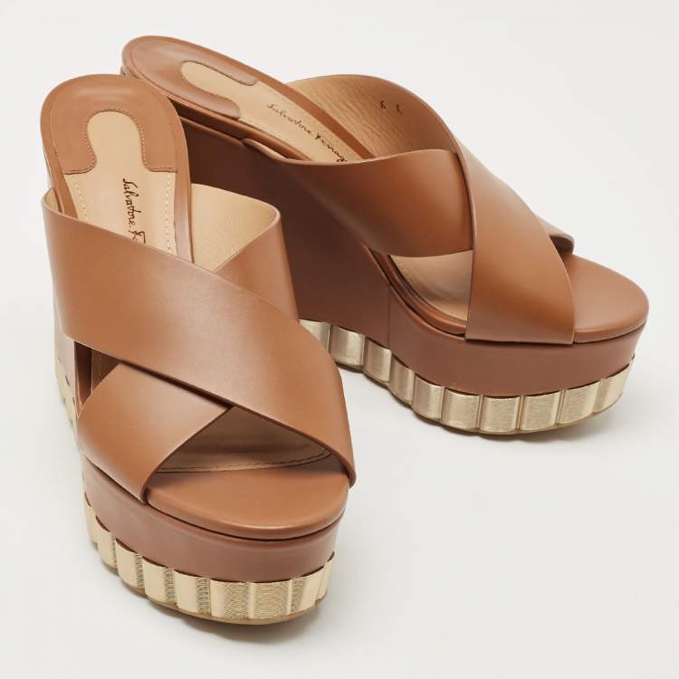 Pre Owned Salvatore Ferragamo Brown Leather Nicosia Wedge Sandals Size 36.5