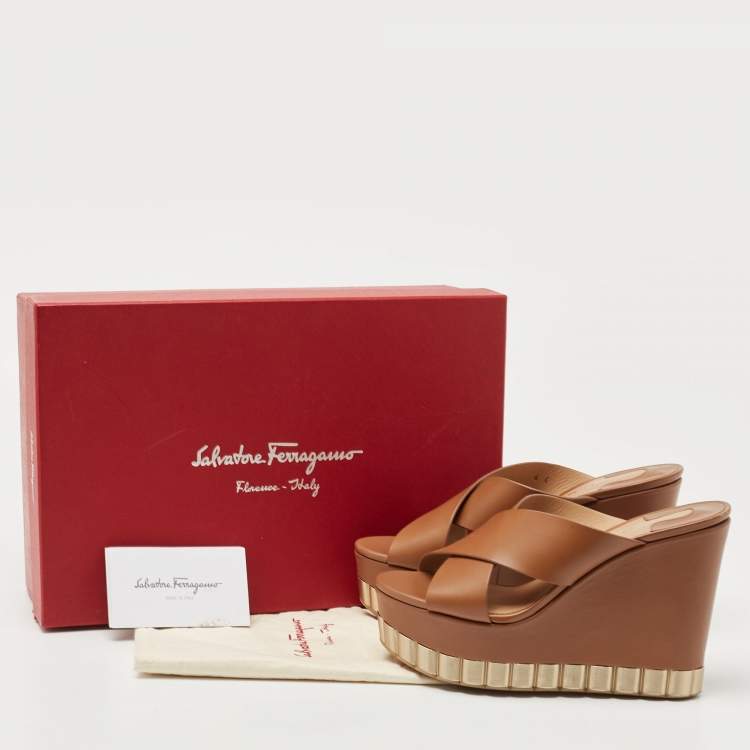 Pre Owned Salvatore Ferragamo Brown Leather Nicosia Wedge Sandals Size 36.5