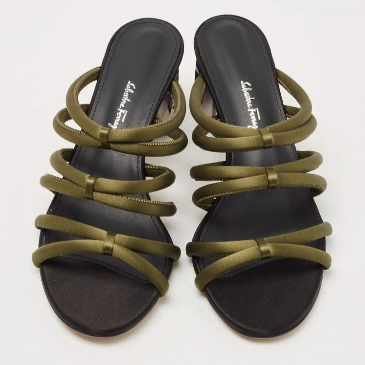 Pre Owned Salvatore Ferragamo Green Satin Slide Sandals Size 39.5