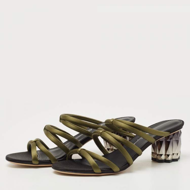 Pre Owned Salvatore Ferragamo Green Satin Slide Sandals Size 39.5