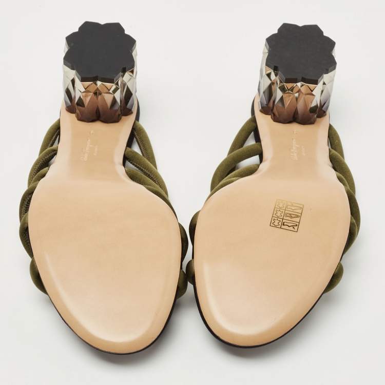 Pre Owned Salvatore Ferragamo Green Satin Slide Sandals Size 39.5