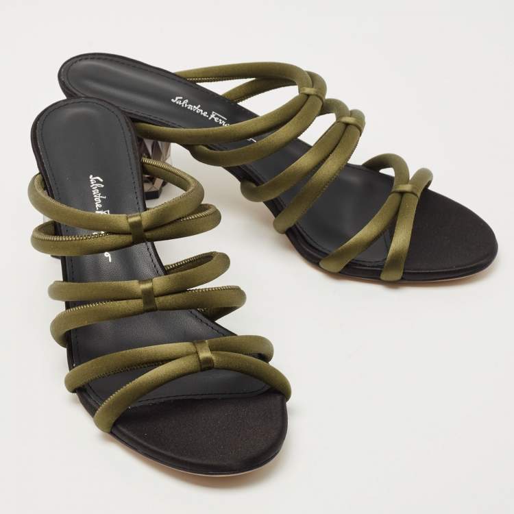 Pre Owned Salvatore Ferragamo Green Satin Slide Sandals Size 39.5