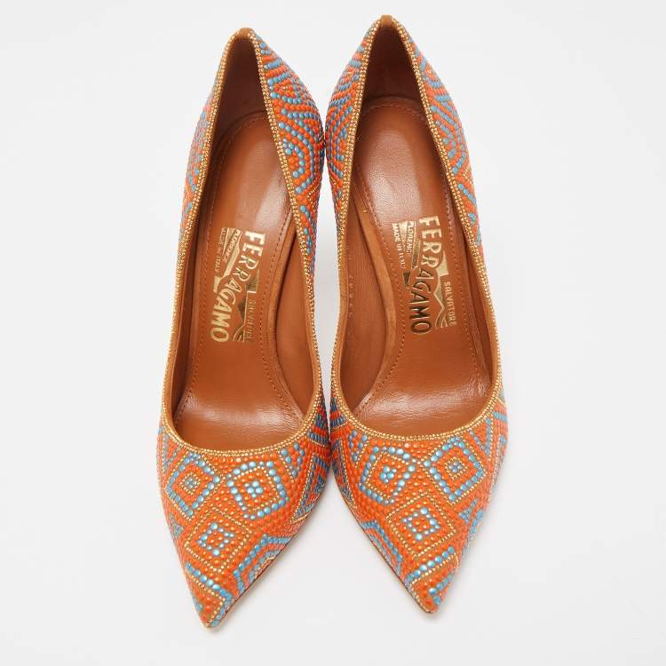 Pre Owned Salvatore Ferragamo Multicolor Beaded Mosaic and Suede Fiore Pointed Toe Pumps Size 37.5