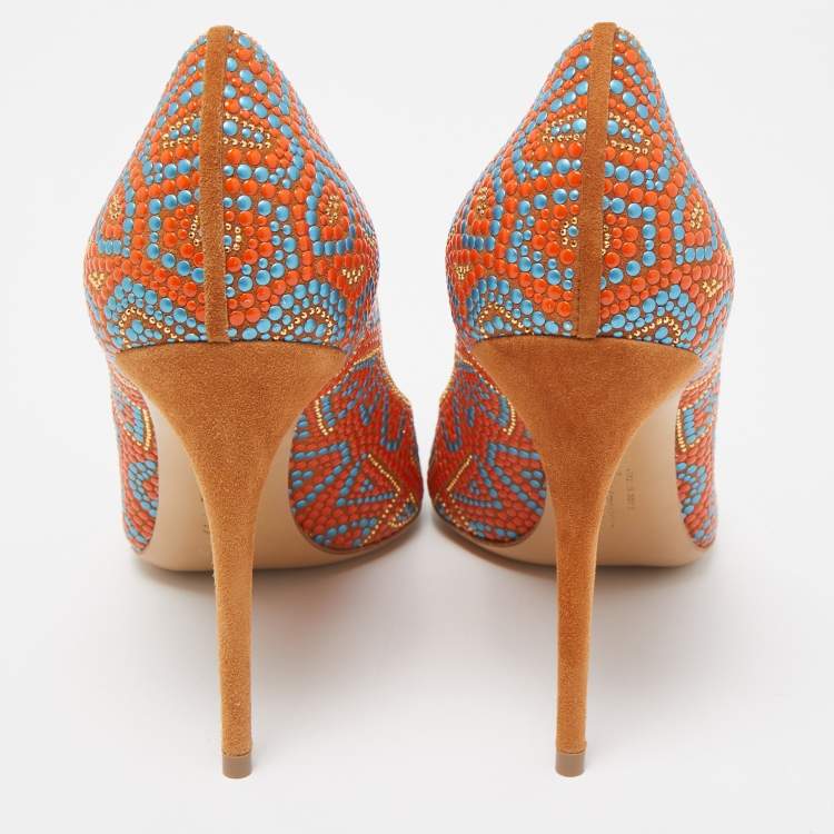 Pre Owned Salvatore Ferragamo Multicolor Beaded Mosaic and Suede Fiore Pointed Toe Pumps Size 37.5