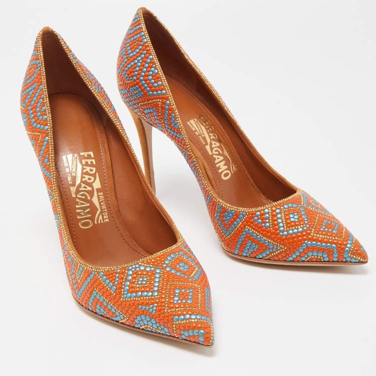 Pre Owned Salvatore Ferragamo Multicolor Beaded Mosaic and Suede Fiore Pointed Toe Pumps Size 37.5