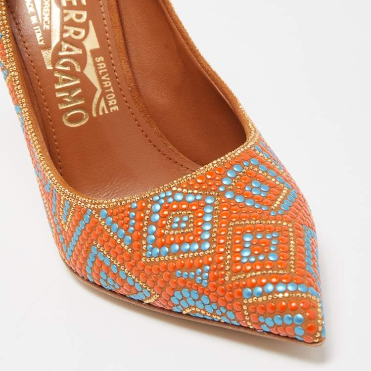 Pre Owned Salvatore Ferragamo Multicolor Beaded Mosaic and Suede Fiore Pointed Toe Pumps Size 37.5