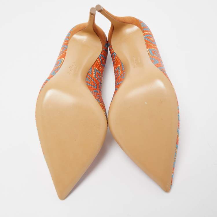 Pre Owned Salvatore Ferragamo Multicolor Beaded Mosaic and Suede Fiore Pointed Toe Pumps Size 37.5