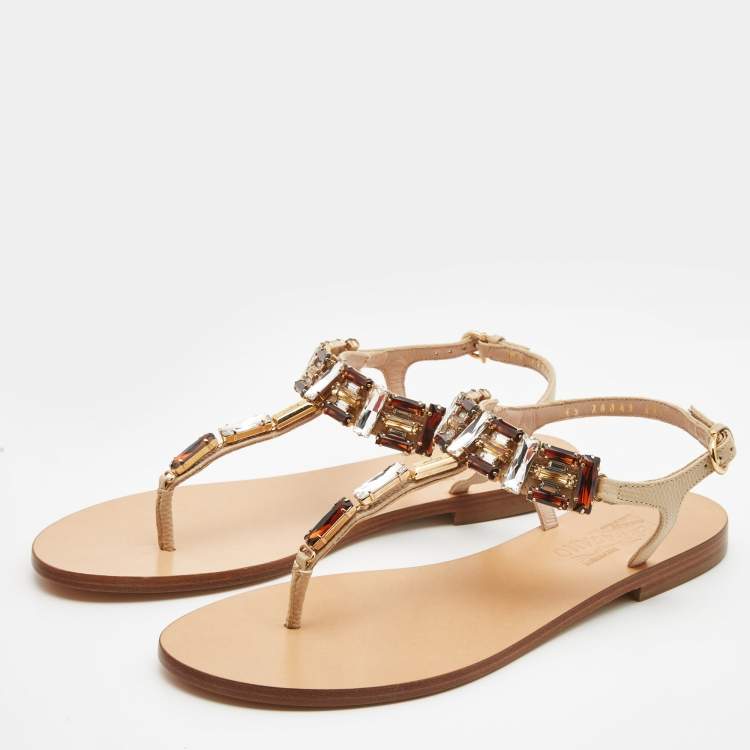 Pre Owned Salvatore Ferragamo Beige Leather Embellished T Strap Sandals Size 37.5
