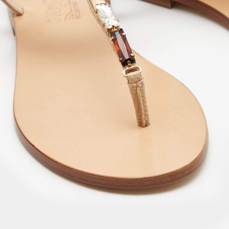 Pre Owned Salvatore Ferragamo Beige Leather Embellished T Strap Sandals Size 37.5