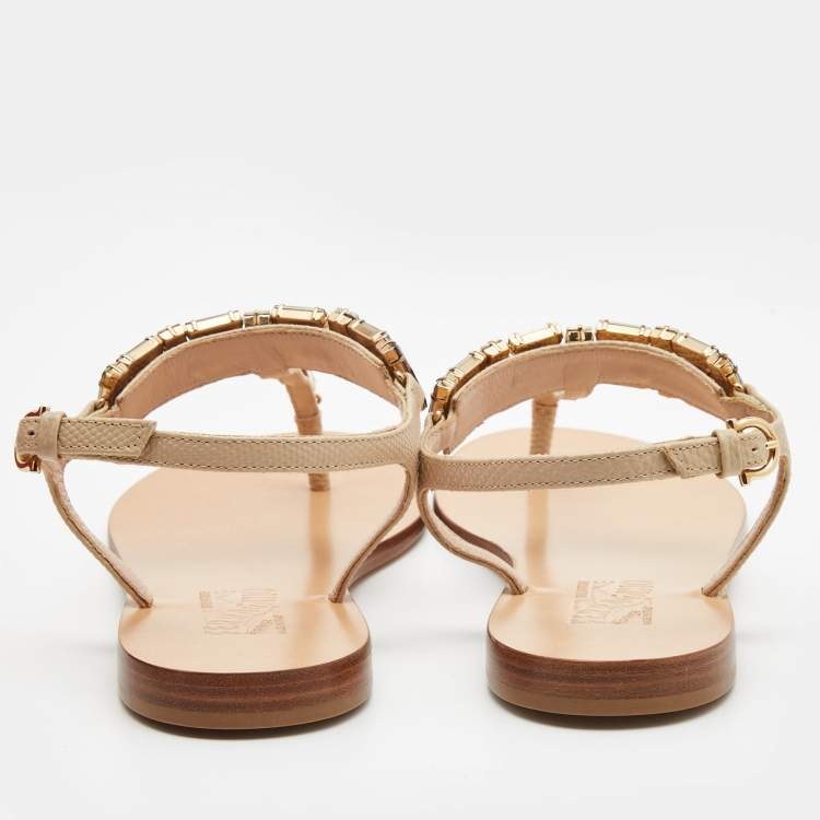 Pre Owned Salvatore Ferragamo Beige Leather Embellished T Strap Sandals Size 37.5