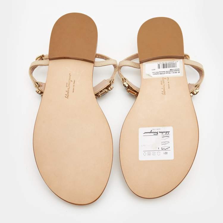 Pre Owned Salvatore Ferragamo Beige Leather Embellished T Strap Sandals Size 37.5