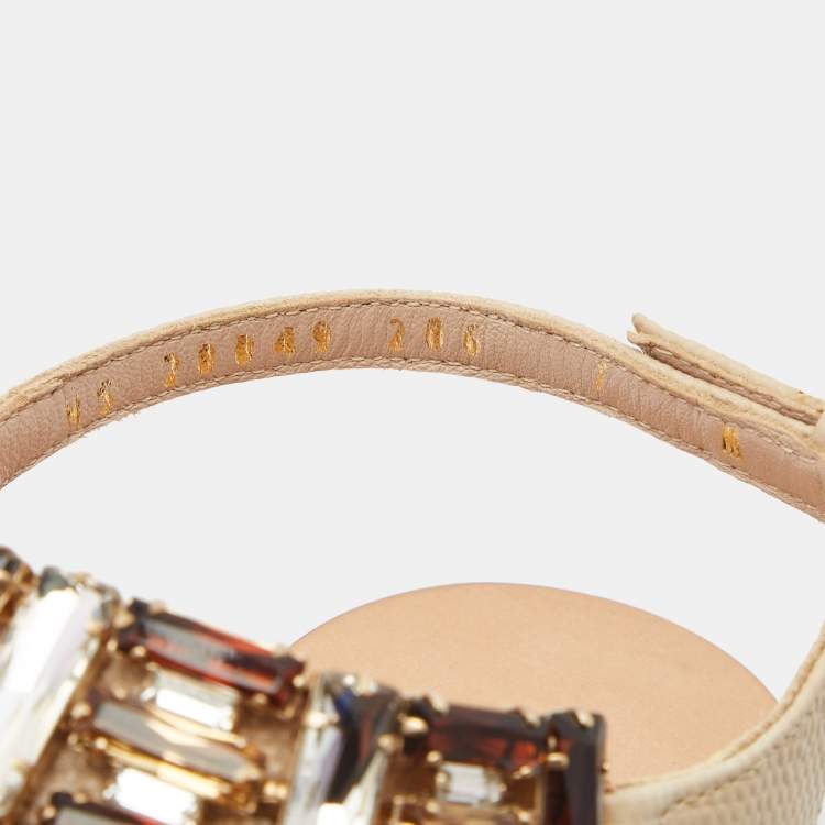 Pre Owned Salvatore Ferragamo Beige Leather Embellished T Strap Sandals Size 37.5