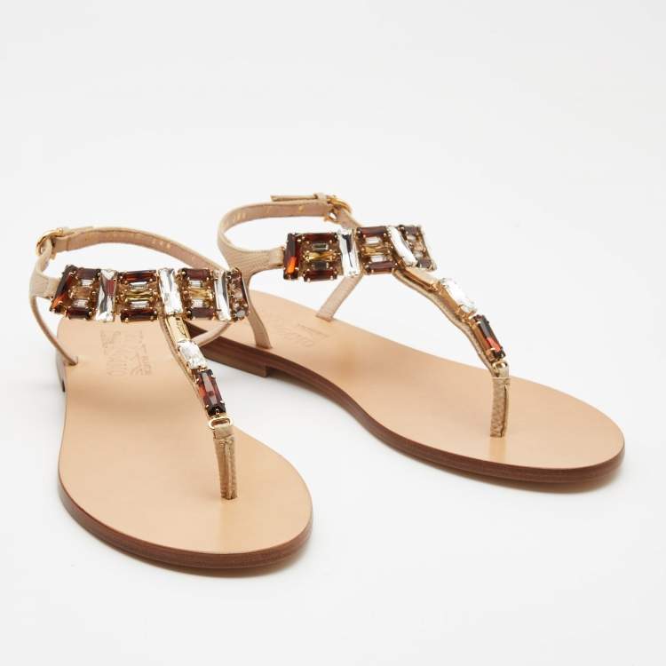 Pre Owned Salvatore Ferragamo Beige Leather Embellished T Strap Sandals Size 37.5