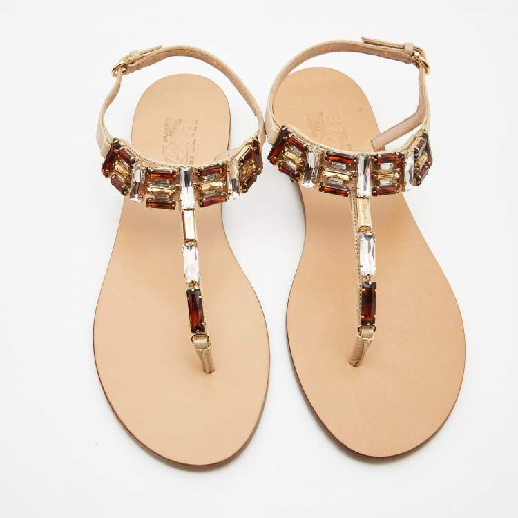 Pre Owned Salvatore Ferragamo Beige Leather Embellished T Strap Sandals Size 37.5