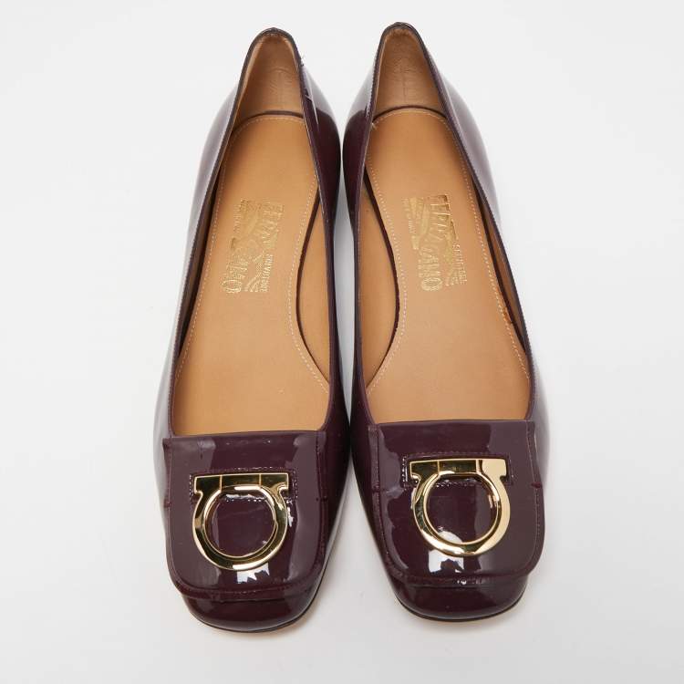 Pre Owned Salvatore Ferragamo Burgundy Patent Leather Ena Gancini Flats Size 40.5