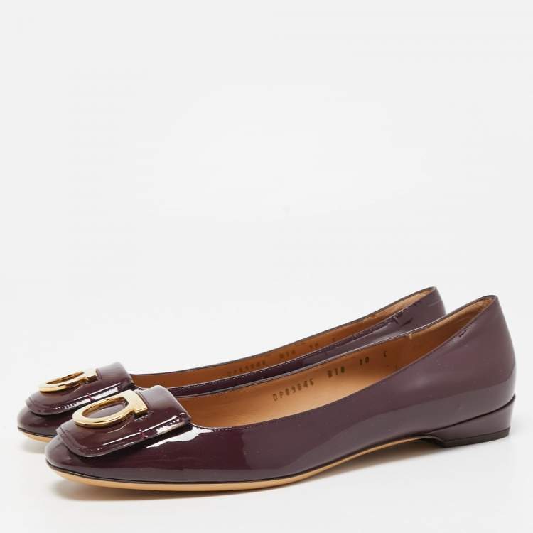 Pre Owned Salvatore Ferragamo Burgundy Patent Leather Ena Gancini Flats Size 40.5