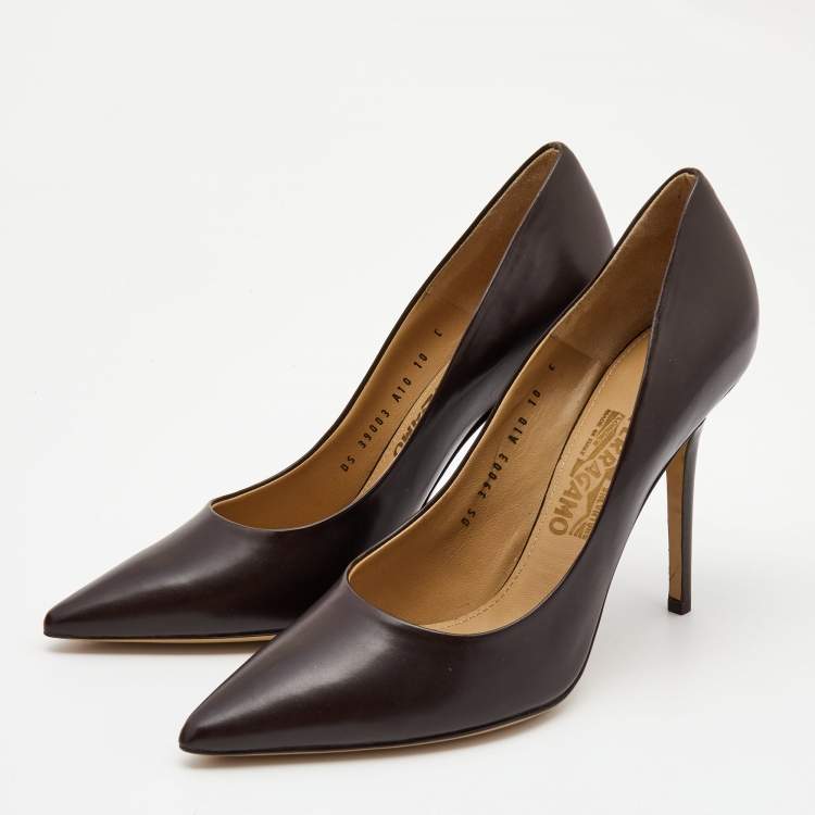 Pre Owned Salvatore Ferragamo Brown Leather Pointed Toe Pumps Size 40.5