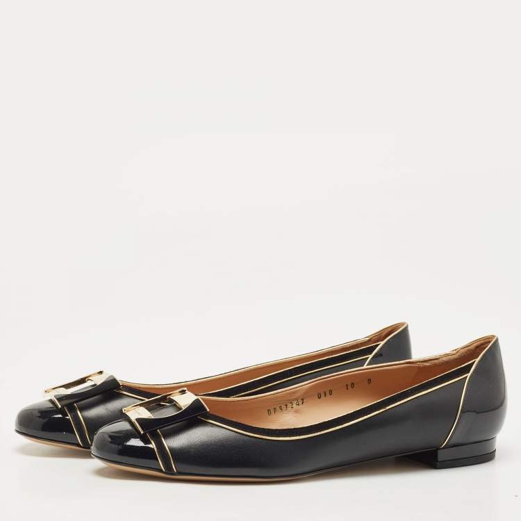 Pre Owned Salvatore Ferragamo Black Leather and Suede Missy Ballet Flats Size 40.5