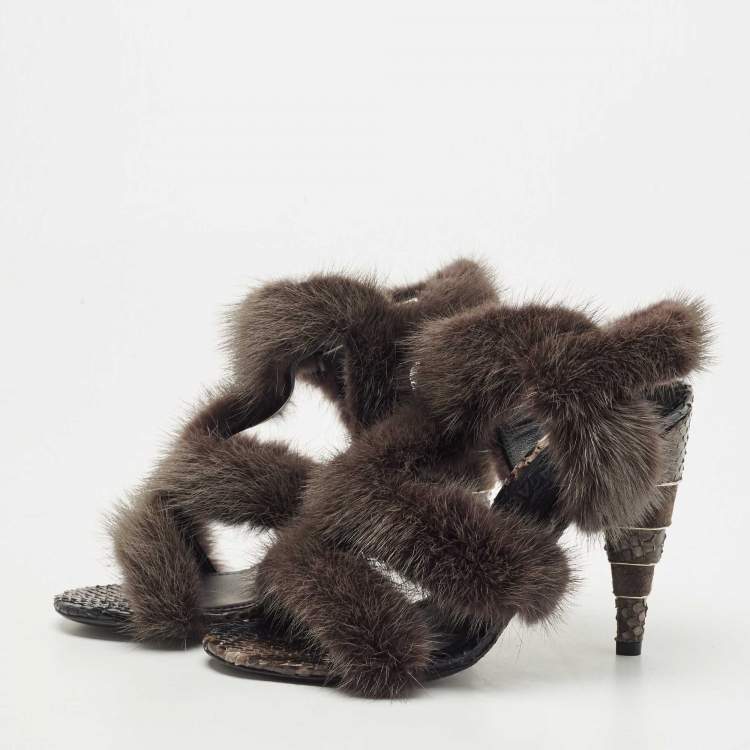 Pre Owned Salvatore Ferragamo Dark Grey Mink Fur and Python Leather Cage  Sandals Size 37