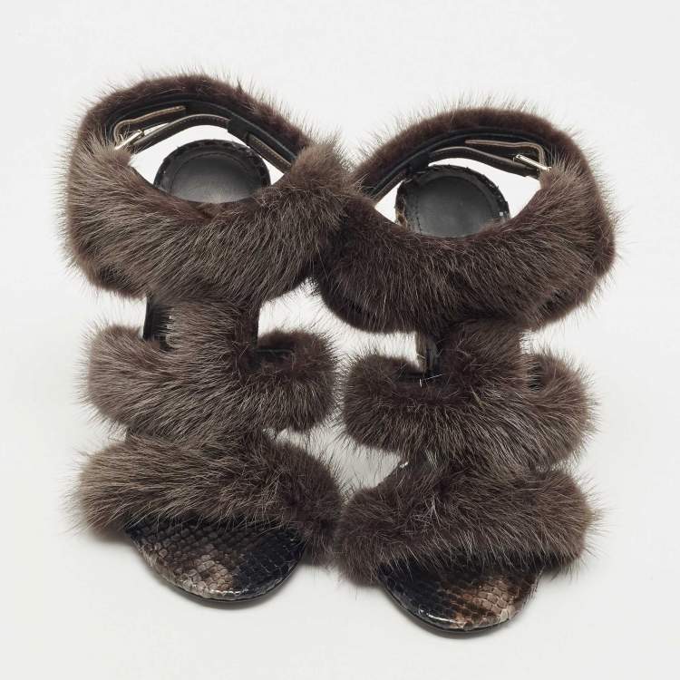 Pre Owned Salvatore Ferragamo Dark Grey Mink Fur and Python Leather Cage  Sandals Size 37
