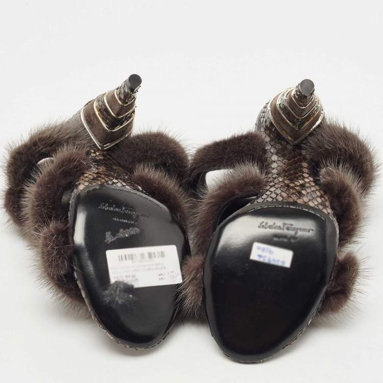 Pre Owned Salvatore Ferragamo Dark Grey Mink Fur and Python Leather Cage  Sandals Size 37