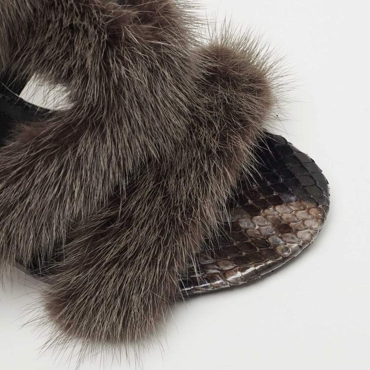 Pre Owned Salvatore Ferragamo Dark Grey Mink Fur and Python Leather Cage  Sandals Size 37
