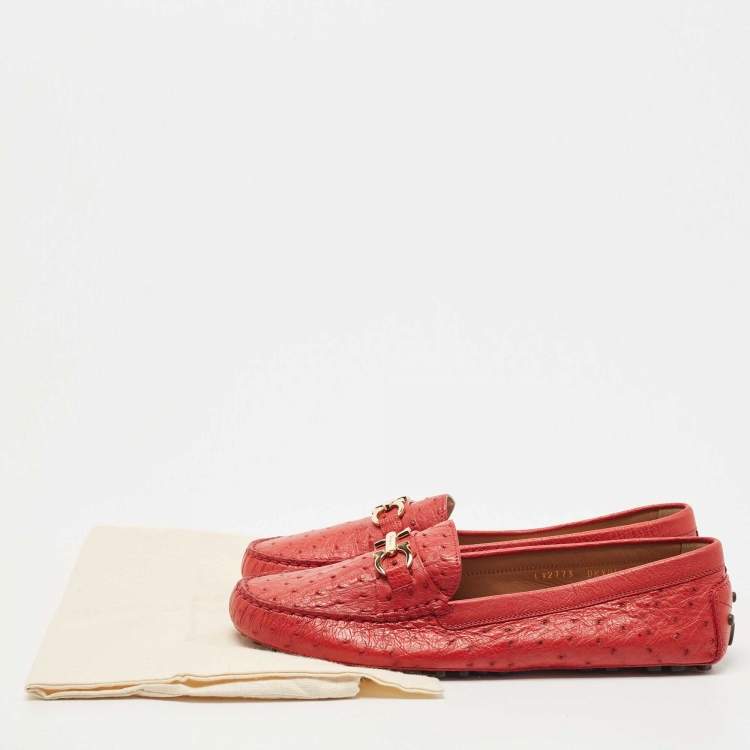 Pre Owned Salvatore Ferragamo Red Ostrich Saba Loafers Size 41.5 