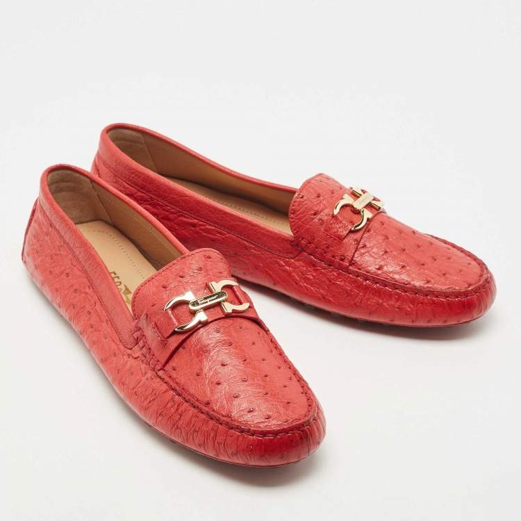 Pre Owned Salvatore Ferragamo Red Ostrich Saba Loafers Size 41.5 